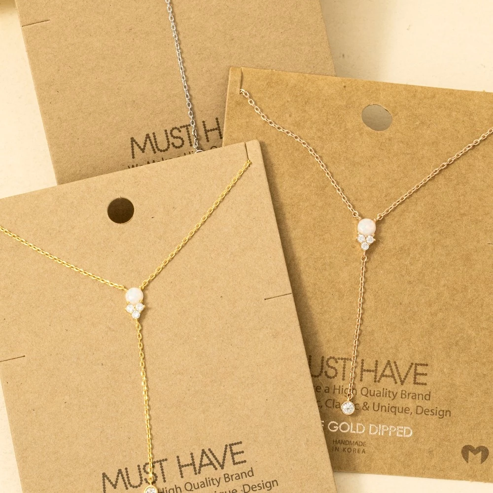 Gold Dipped Pearl Cz Charm Y Necklace