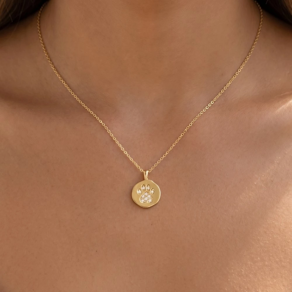 Gold Dipped Pave Dog Paw Pendant Necklace
