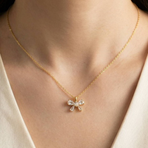 Rhinestone Ribbon Bow Pendant Necklace