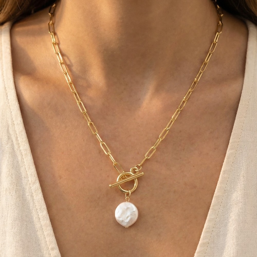 Toggle Chain Link Disc Pearl Charm Necklace