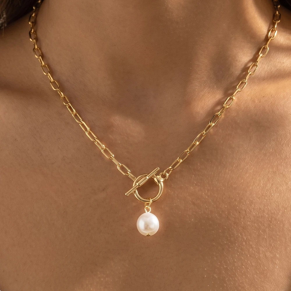 Freshwater Pearl Pendant Toggle Paperclip Necklace