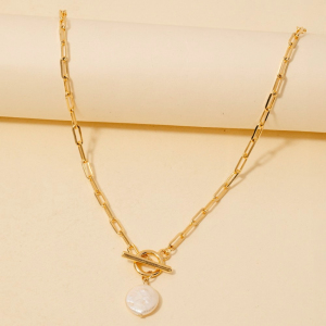 Toggle Chain Link Disc Pearl Charm Necklace
