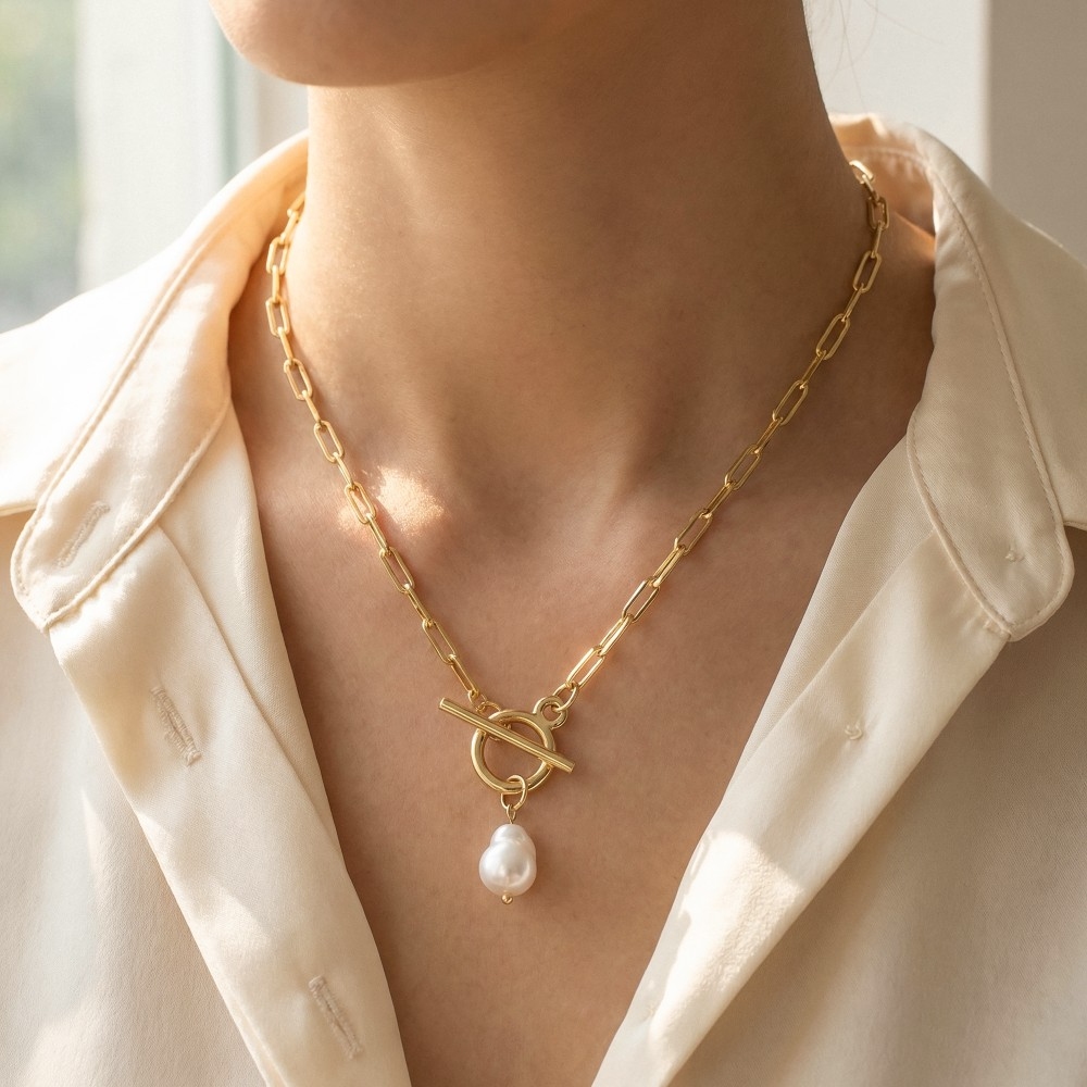 Toggle Chain Pearl Charm Necklace
