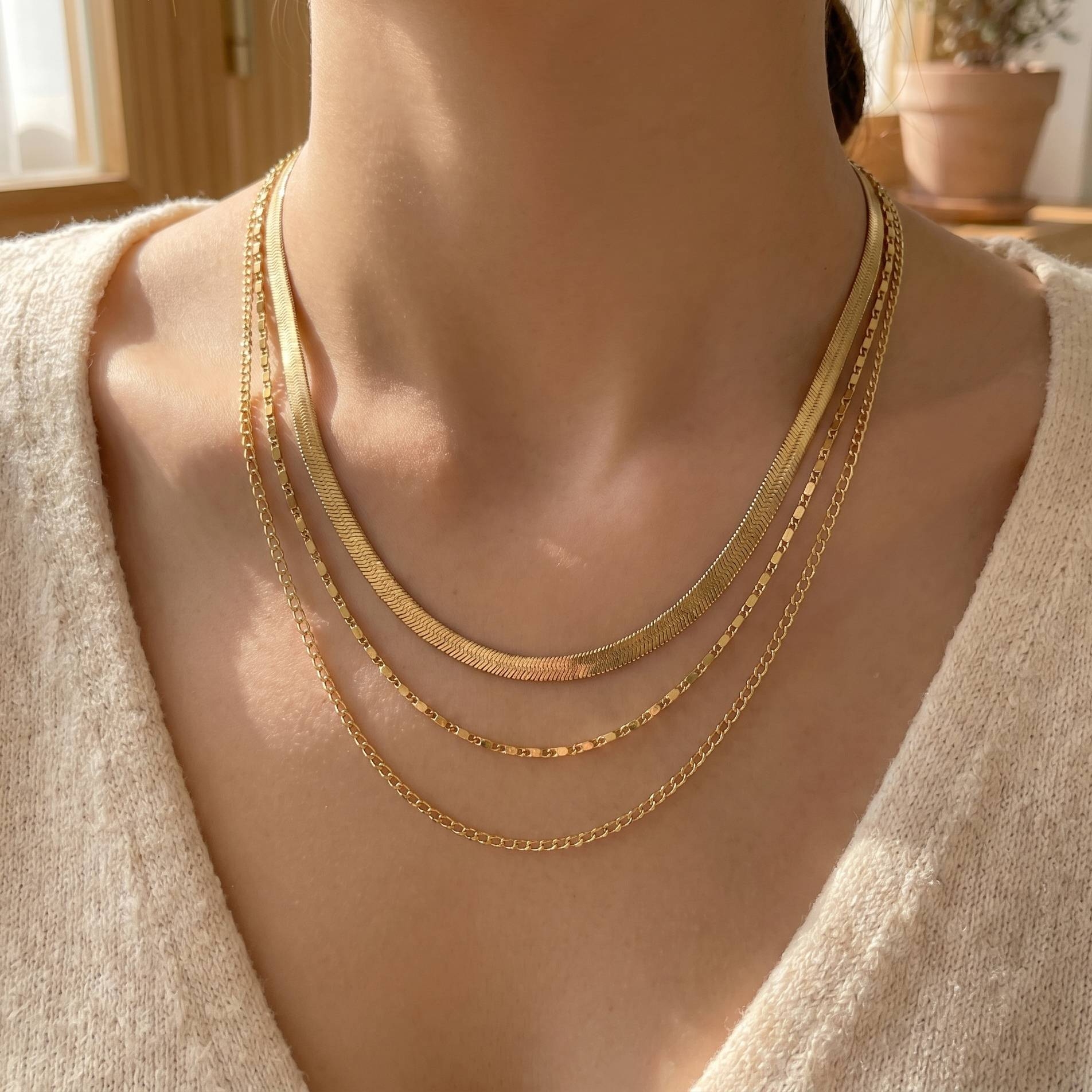 Assorted Layered Triple Chain Link Necklace