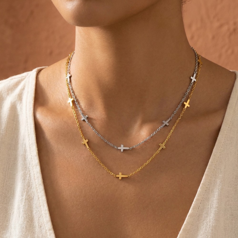 Gold Dipped Dainty Cross Station Necklace
