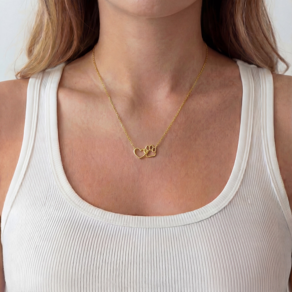 Gold Dipped Dog Paw Heart Cutout Pendant Necklace