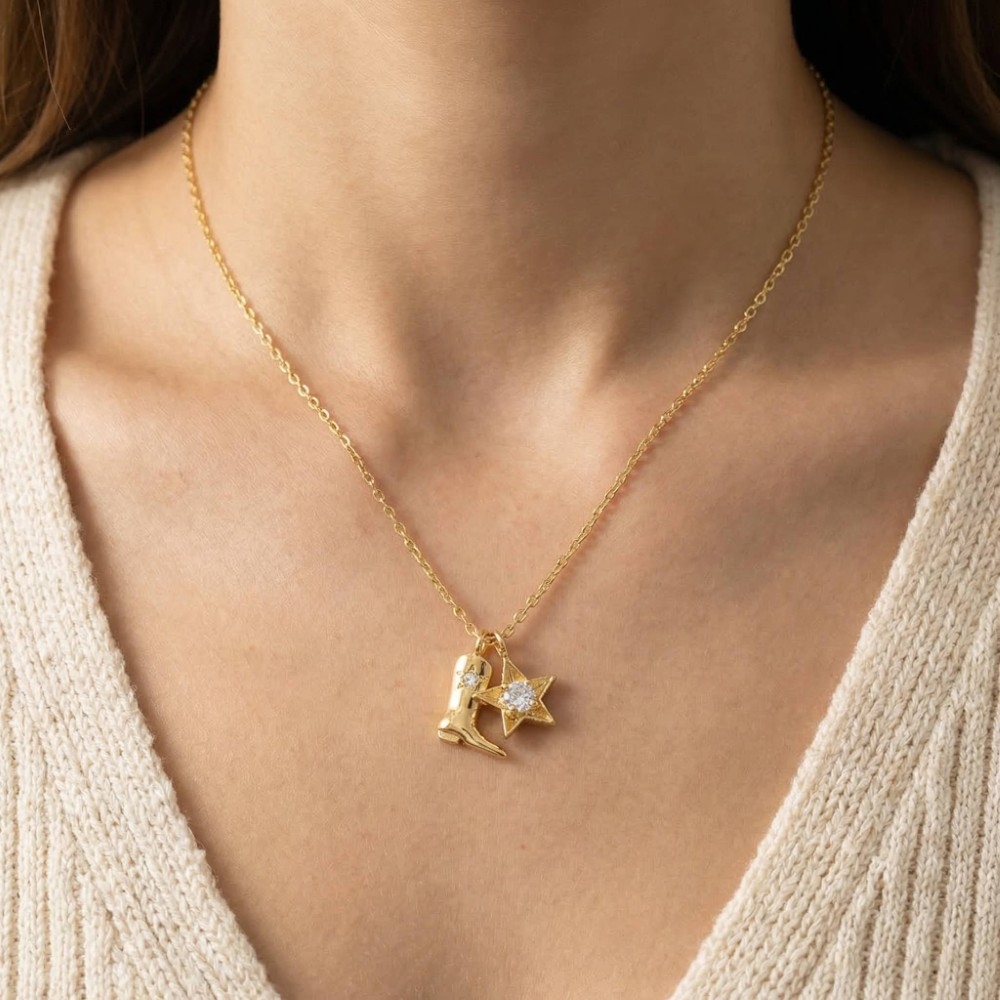 Gold Dipped Cowboy Boots Star Pendant Necklace