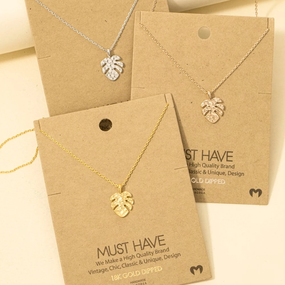 Gold Dipped Hammered Monstera Leaf Pendant Necklace