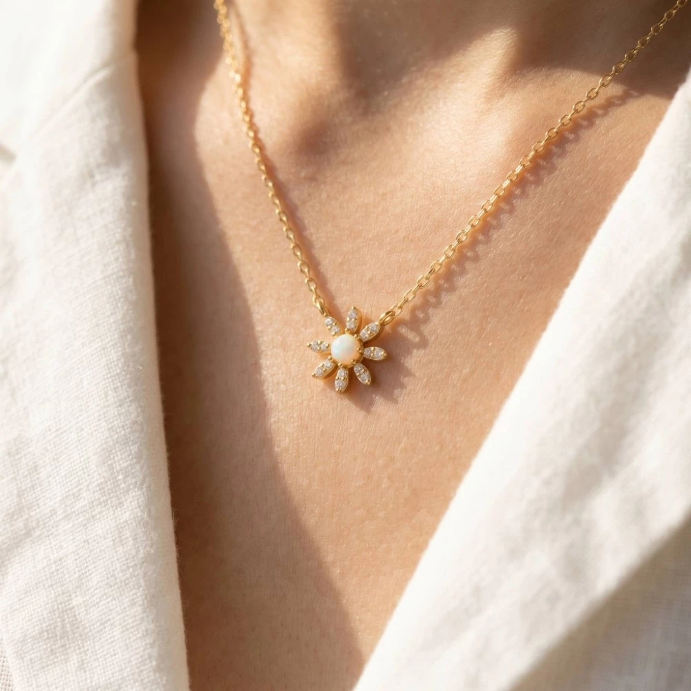 Gold Dipped Mini Opal Flower Pendant Necklace