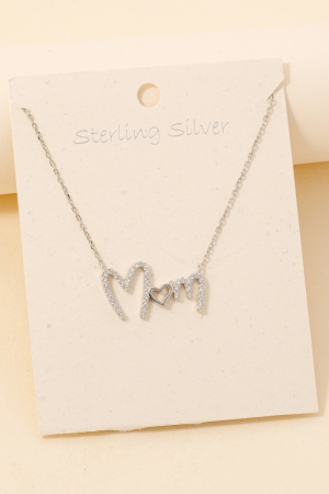 Sterling Silver Cz Pave Mom Pendant Necklace