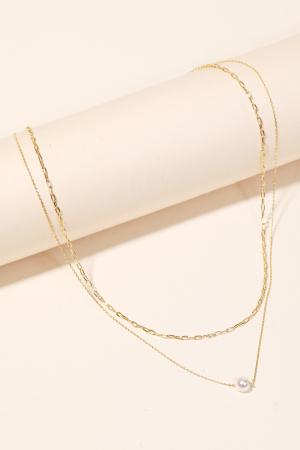 Single Pearl Charm Layered Chain Necklace