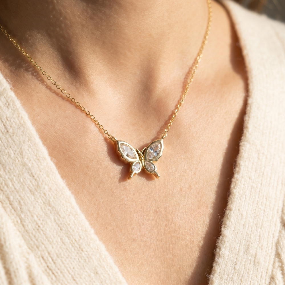 Sterling Silver Cz Butterfly Pendant Necklace