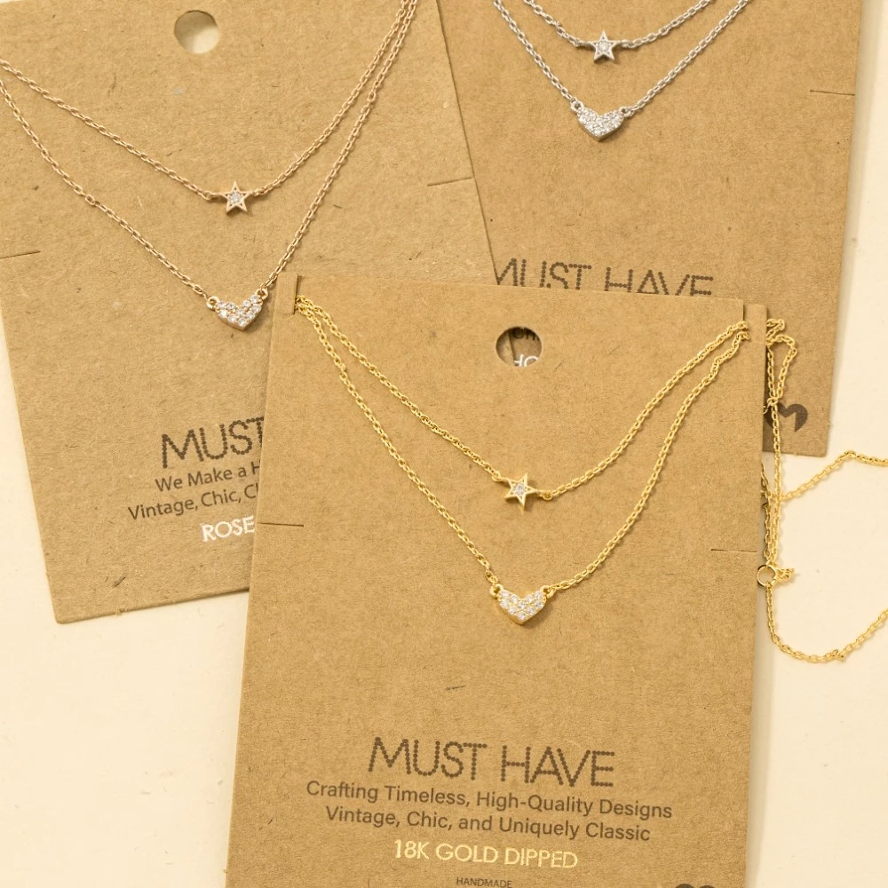 Gold Dipped Layered Chain Pave Heart Star Necklace