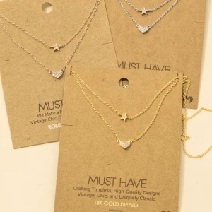 Gold Dipped Layered Chain Pave Heart Star Necklace