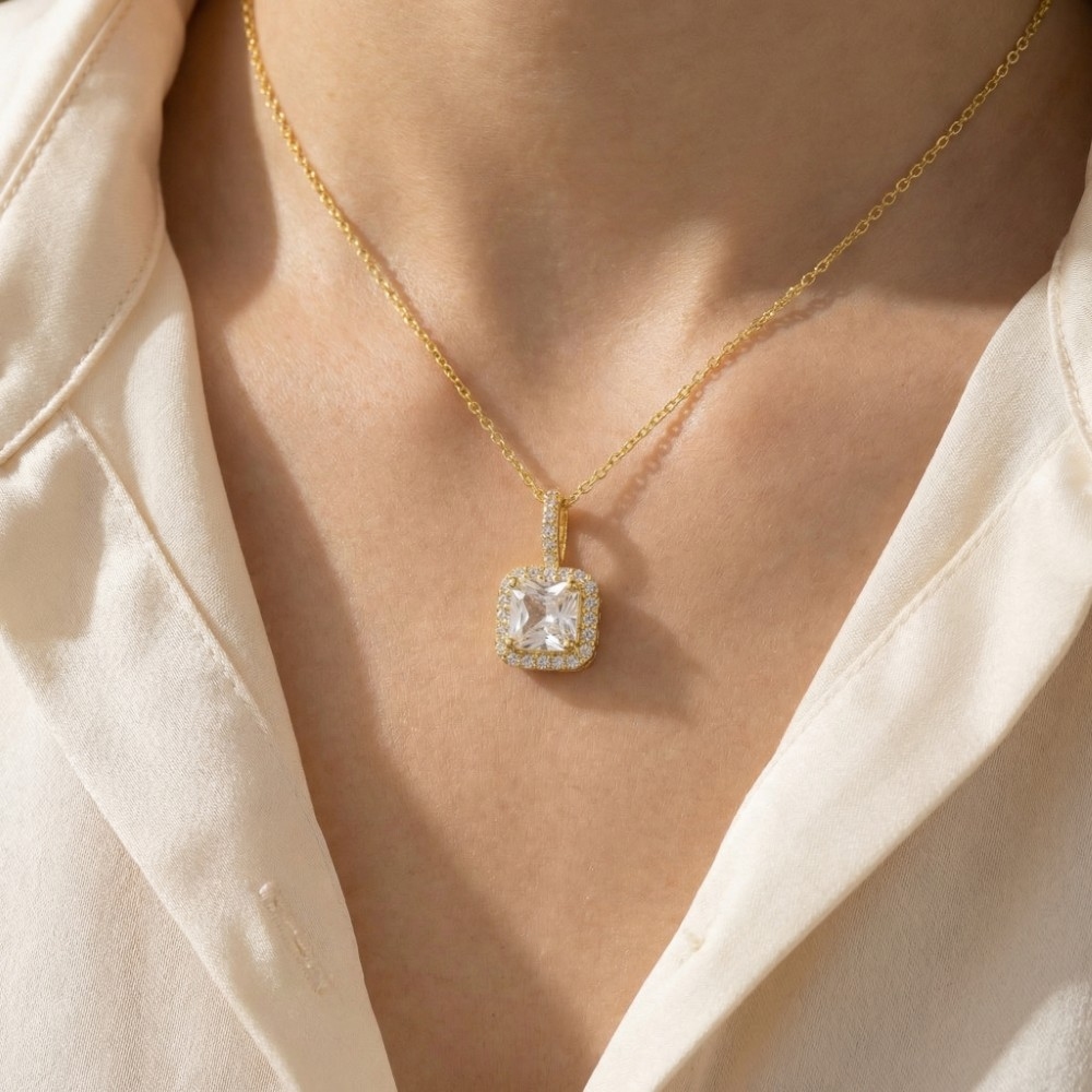 Gold Dipped Square Rhinestone Pendant Necklace