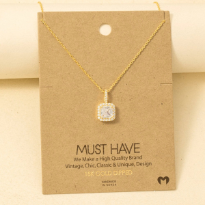 Gold Dipped Square Rhinestone Pendant Necklace