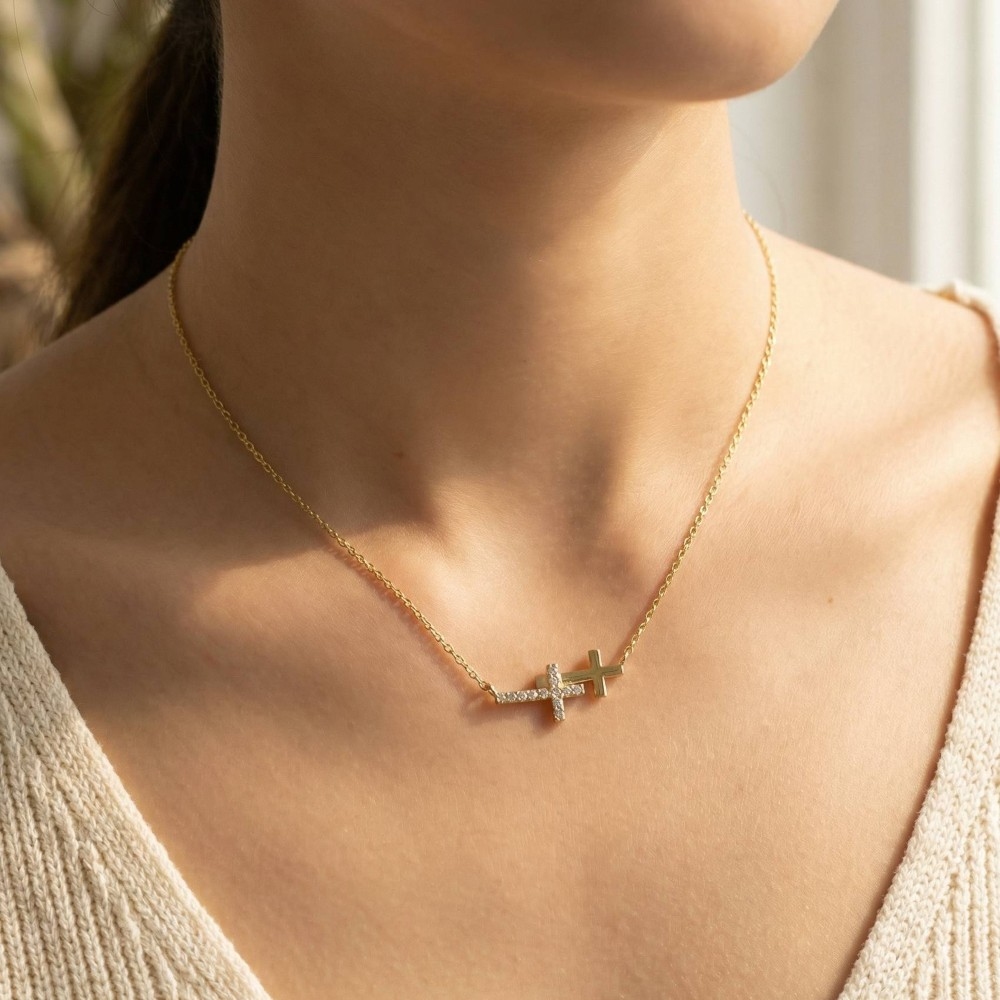 Gold Dipped Double Cross Pendant Necklace