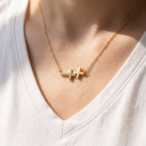 18K Gold Dipped Cz Sideways Double Cross Necklace
