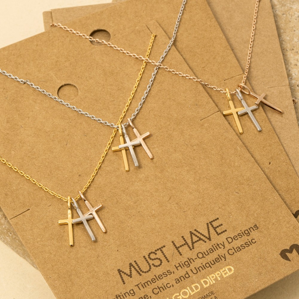 Gold Dipped Triple Cross Pendant Necklace