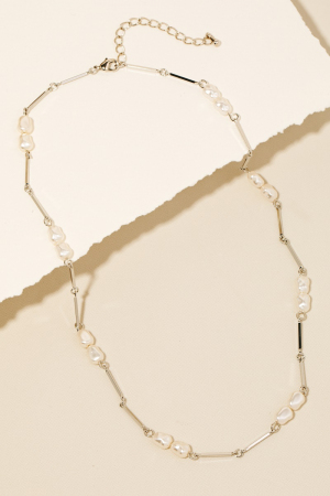 Pearl Beaded Daint Bar Chain Necklace