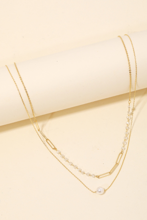 Double Layered Chain Pearl Charm Necklace