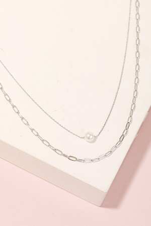 Layered Chain Link Pearl Ball Charm Necklace