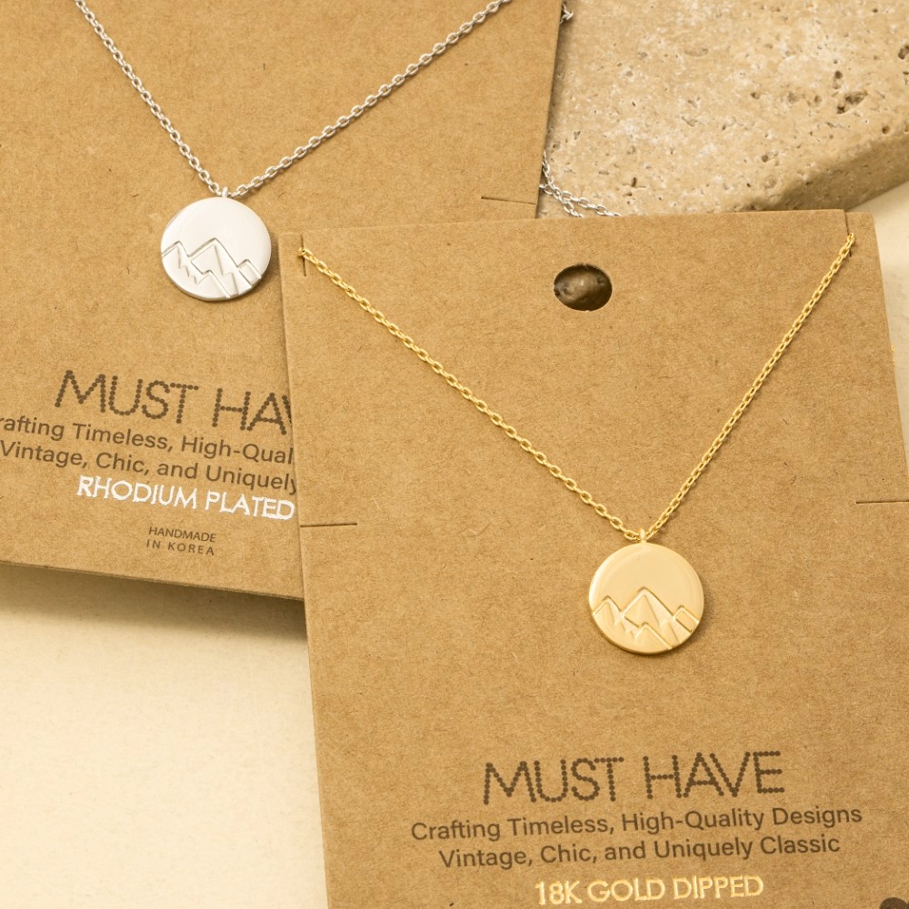 Gold Dipped Etched Mountain Coin Pendant Necklace