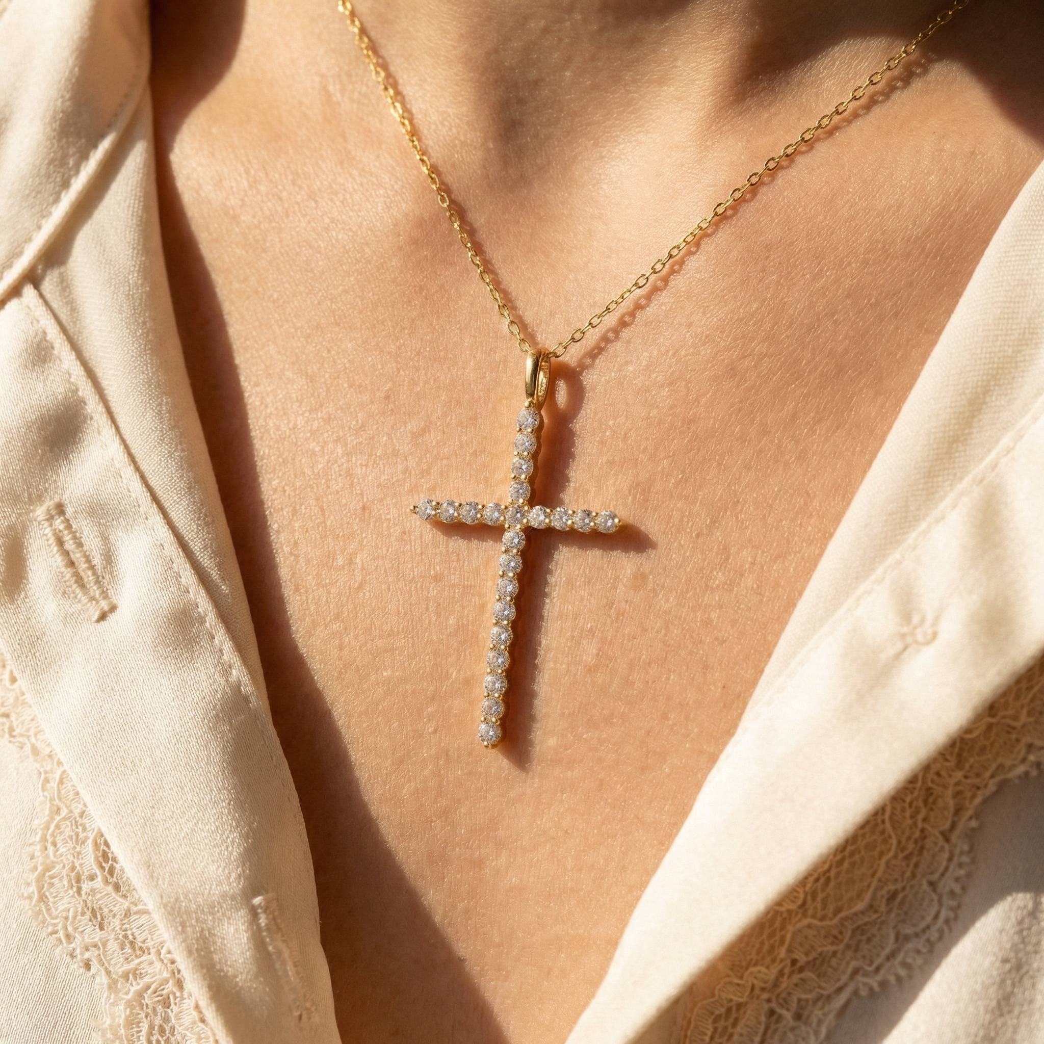Gold Dipped Pave Cross Pendant Chain Necklace