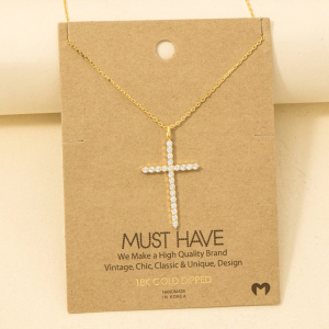 Gold Dipped Pave Cross Pendant Chain Necklace