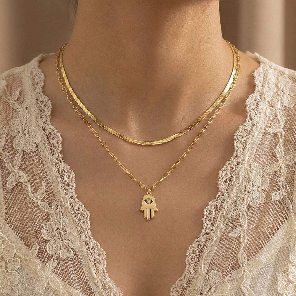 Layered Chain Hamsa Hand Necklace