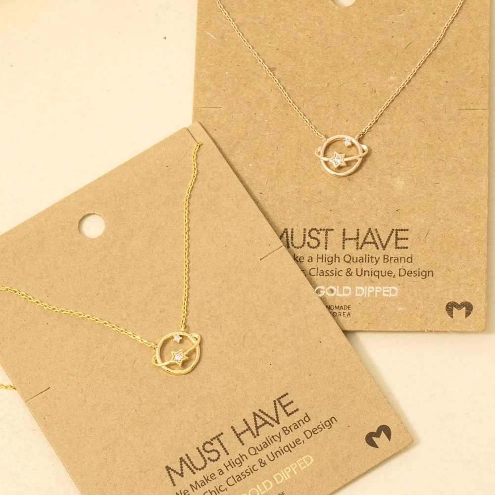 Gold Dipped Studded Star Orbit Pendant Necklace