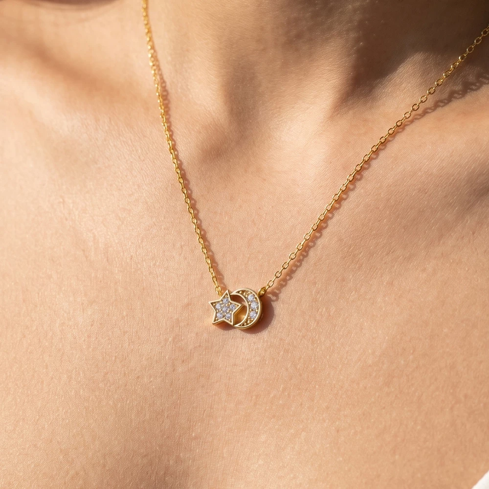 Cz Star And Crescent Moon Charm Station Necklace