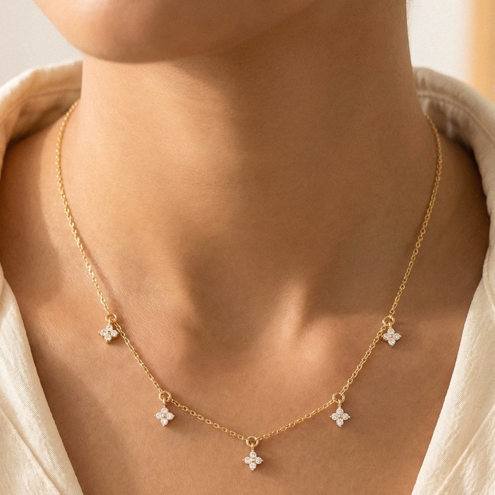 Pave Clover Charms Chain Necklace