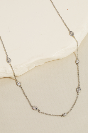 Cz Tear Drop Stud Station Chain Necklace