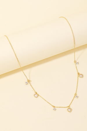 Pearl Heart And Rhinestone Charms Chain Necklace