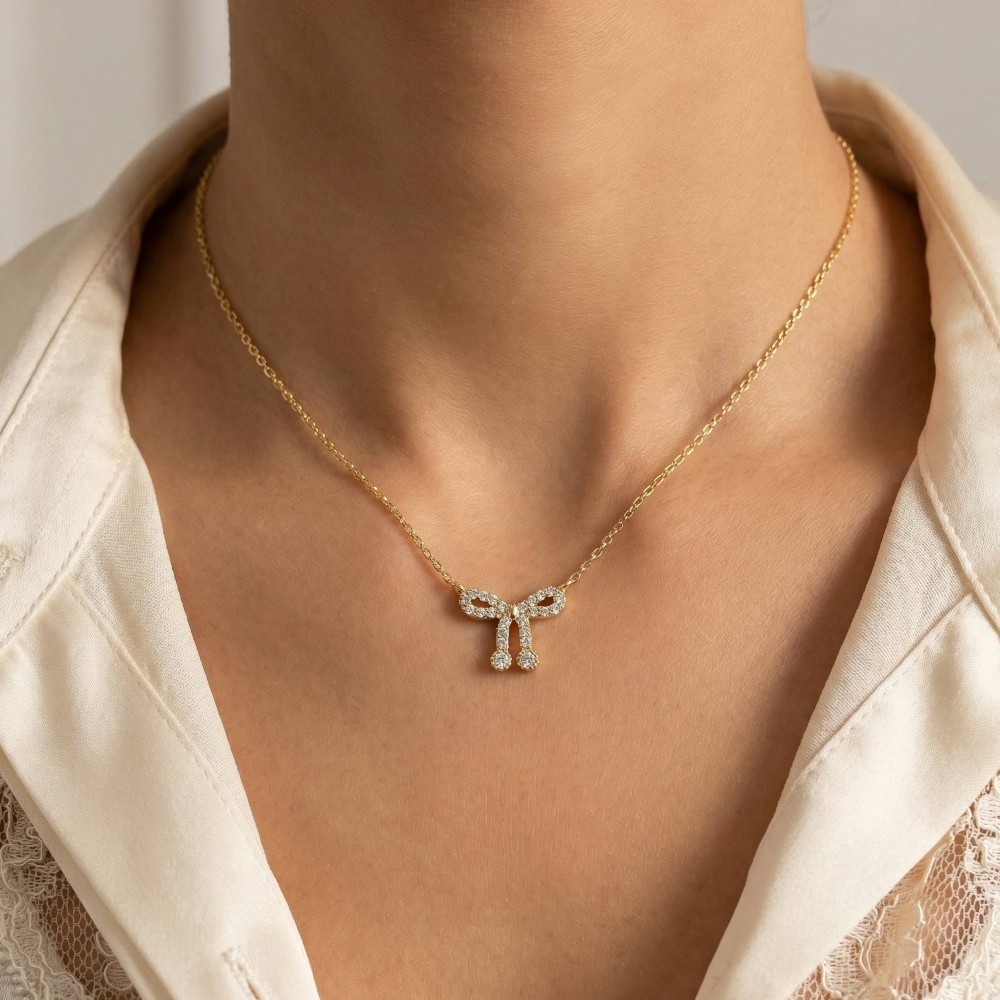 Cz Pave Ribbon Bow Pendant Necklace