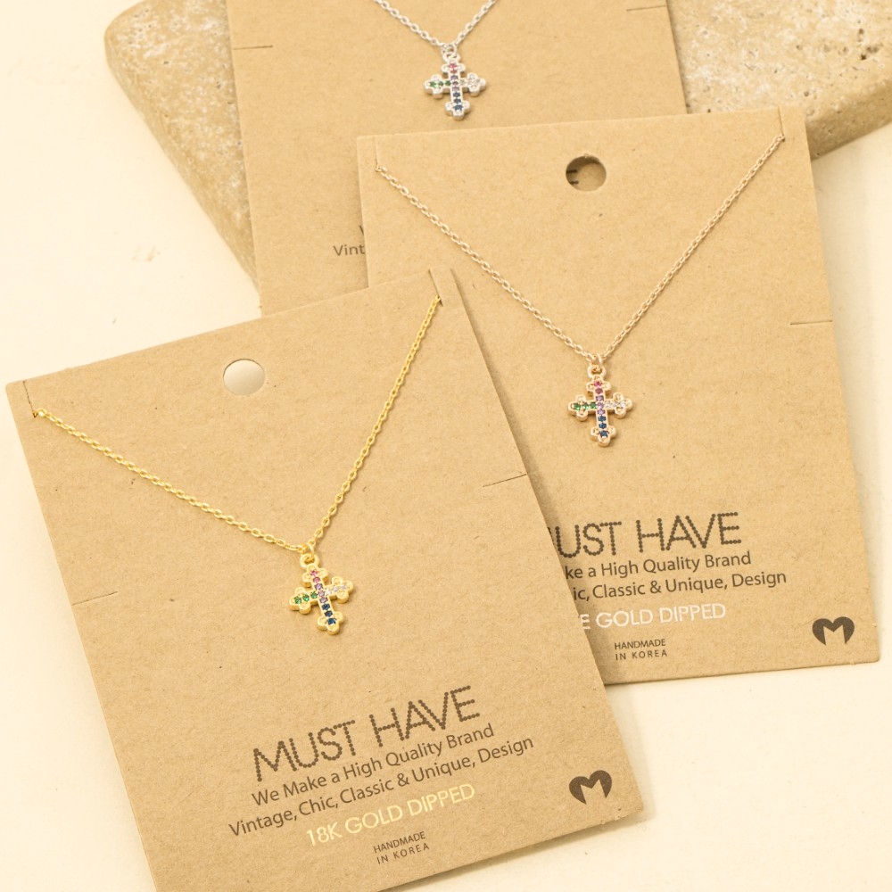 Gold Dipped Cz Rainbow Pave Cross Pendant Necklace