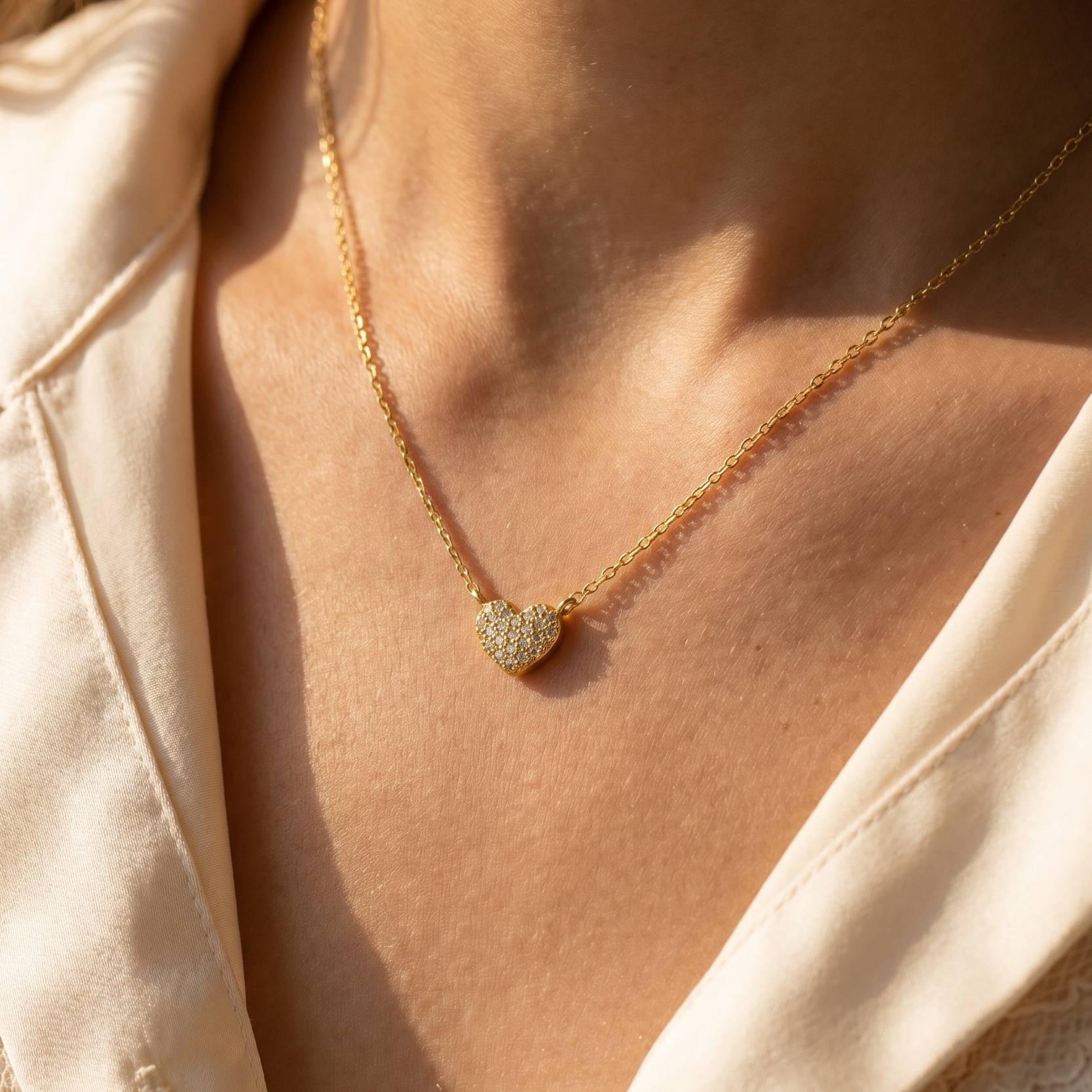 Gold Dipped Pave Mini Heart Pendant Necklace