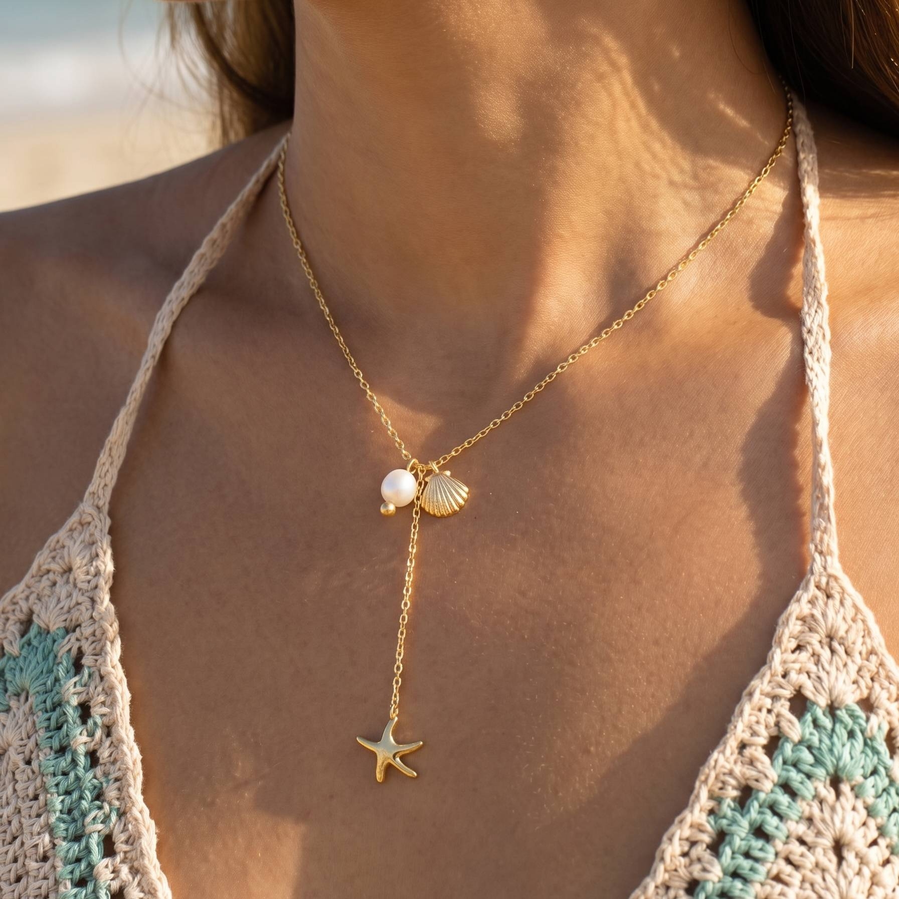 Gold Dipped Star Fish Sea Shell Y Necklace