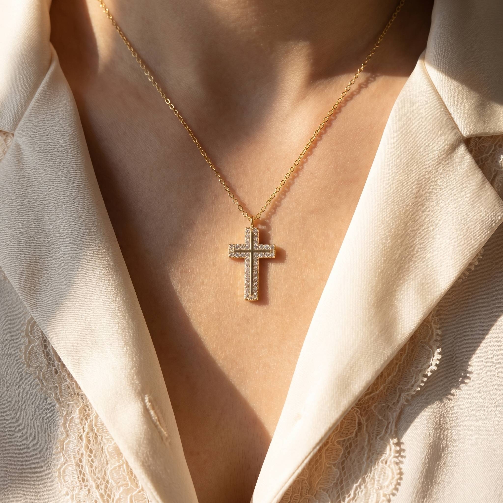 Pave Rhinestone Cross Pendant Necklace