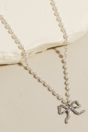 Pearl Chain Ribbon Bow Pendant Necklace