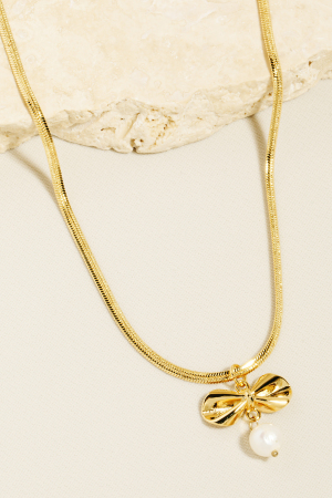 Pearl Bead And Ribbon Bow Pendant Chain Necklace
