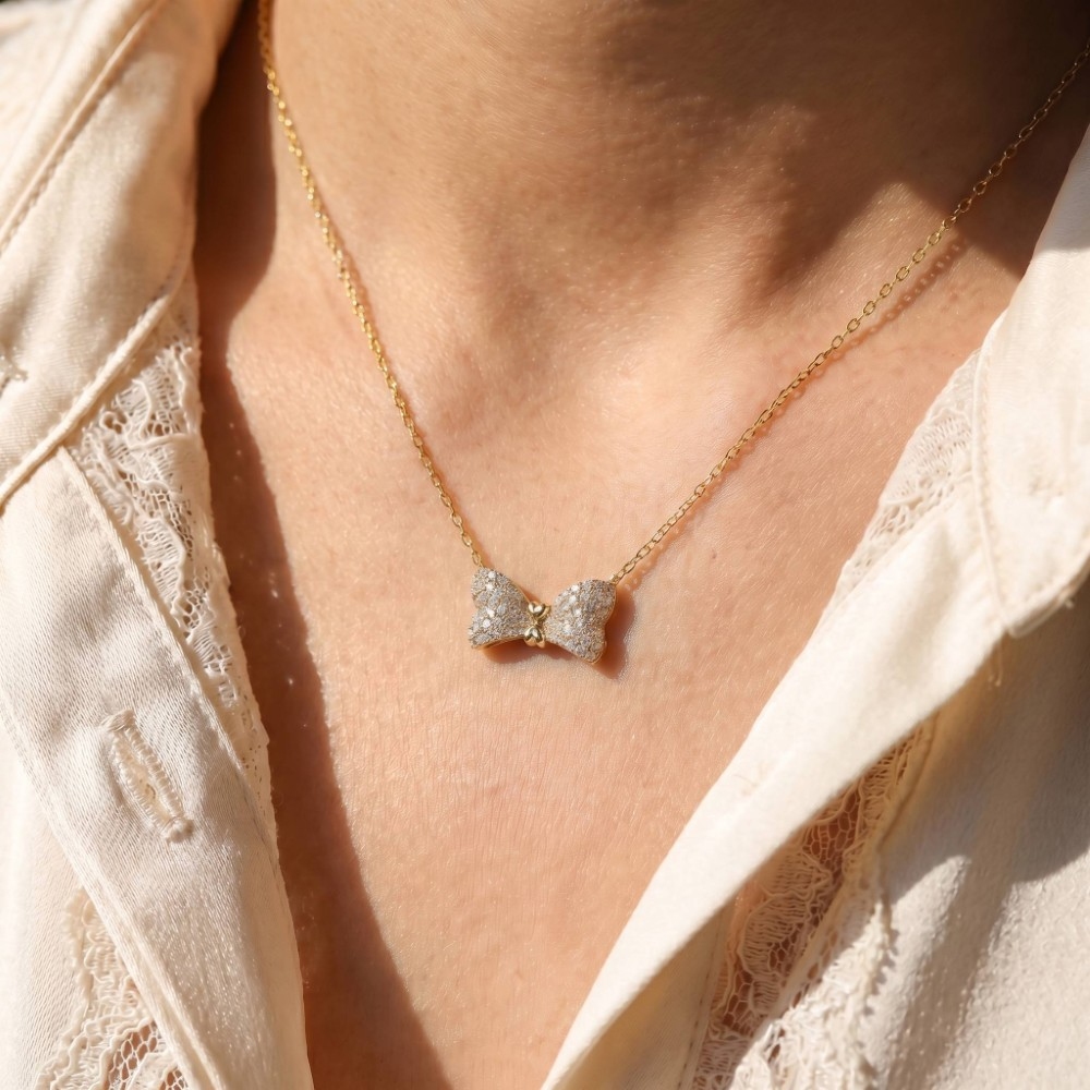 Rhinestone Pave Ribbon Bow Pendant Necklace