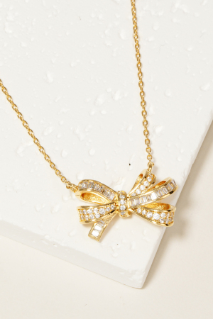 Tear Stone And Rhinestone Bow Pendant Necklace