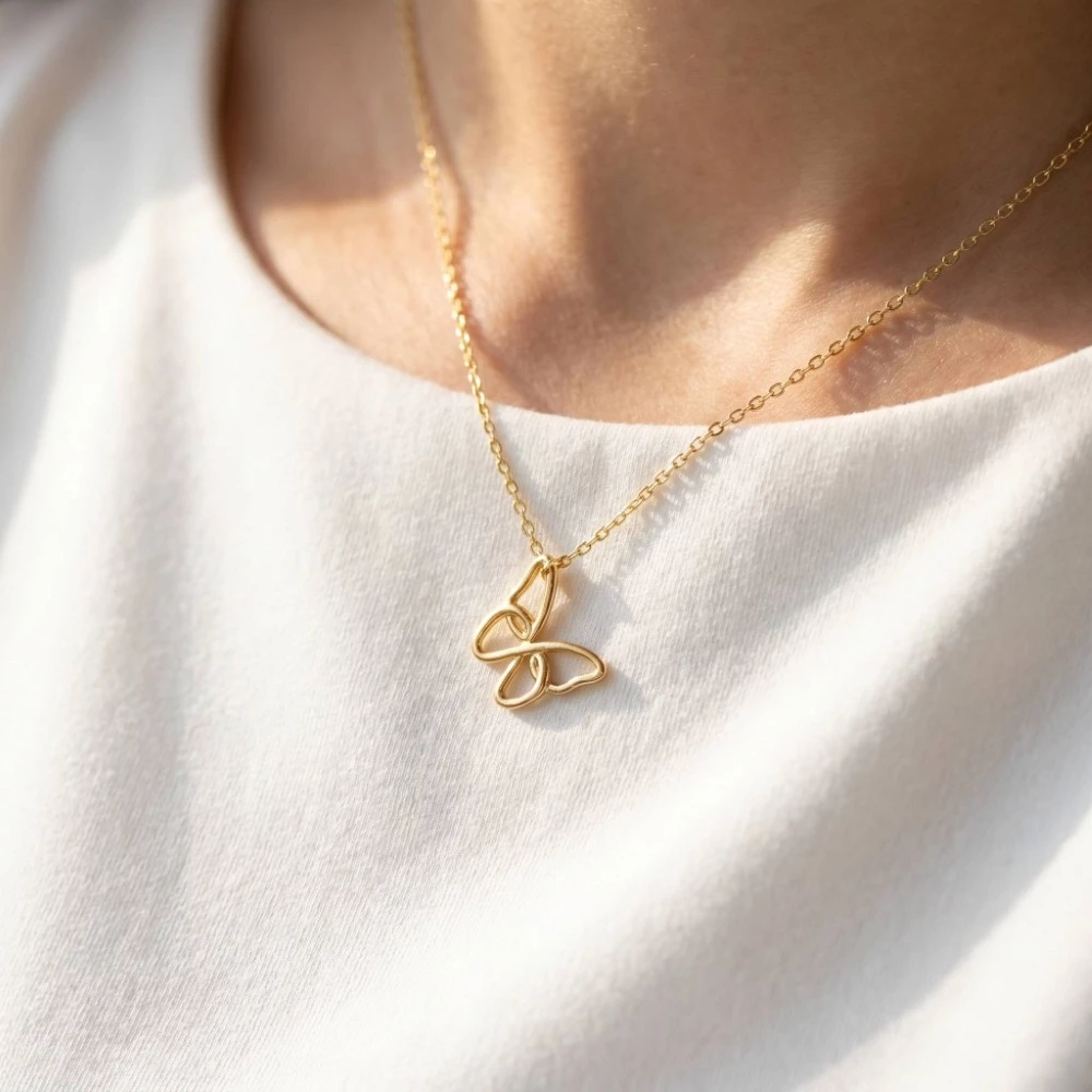 Gold Dipped Wire Butterfly Pendant Necklace