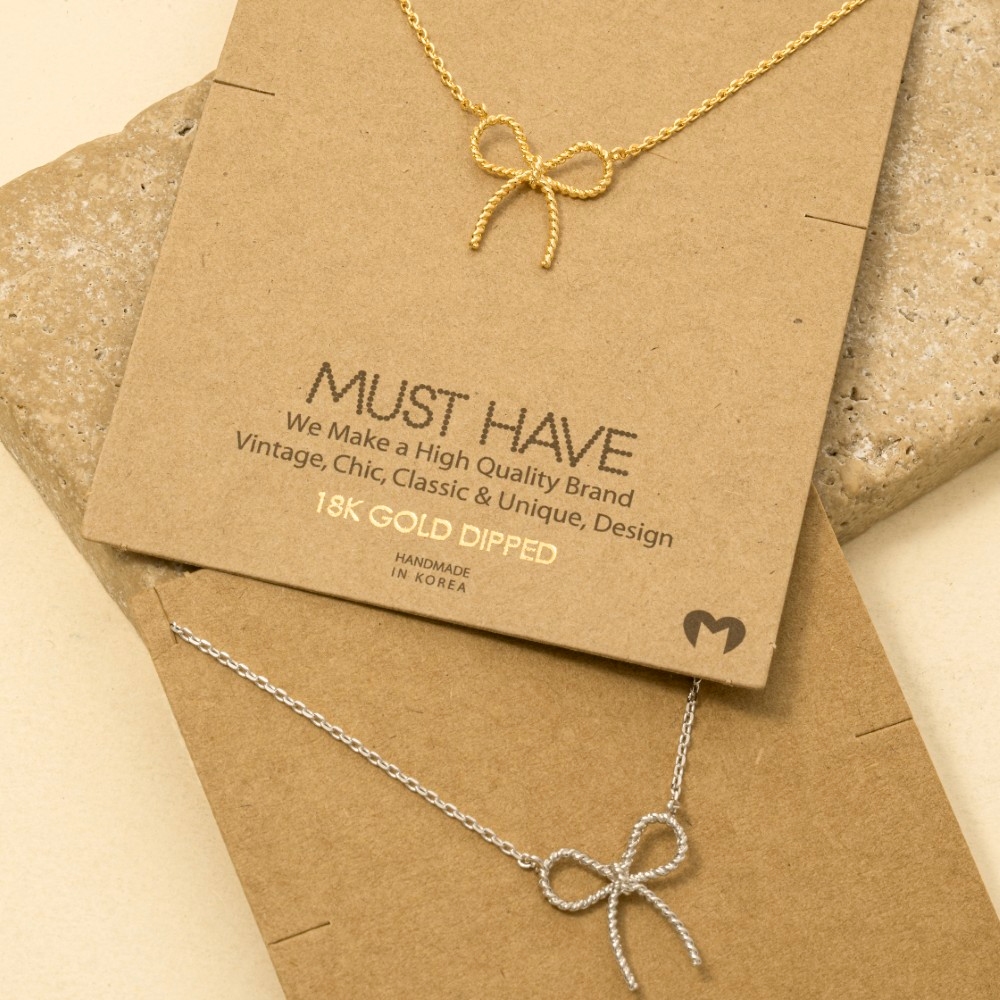 Gold Dipped Textured Ribbon Bow Pendant Chain Necklace