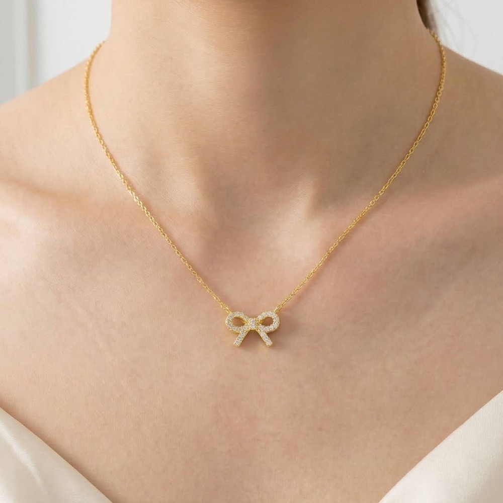 Gold Dipped Cz Stud Ribbon Bow Pendant Necklace