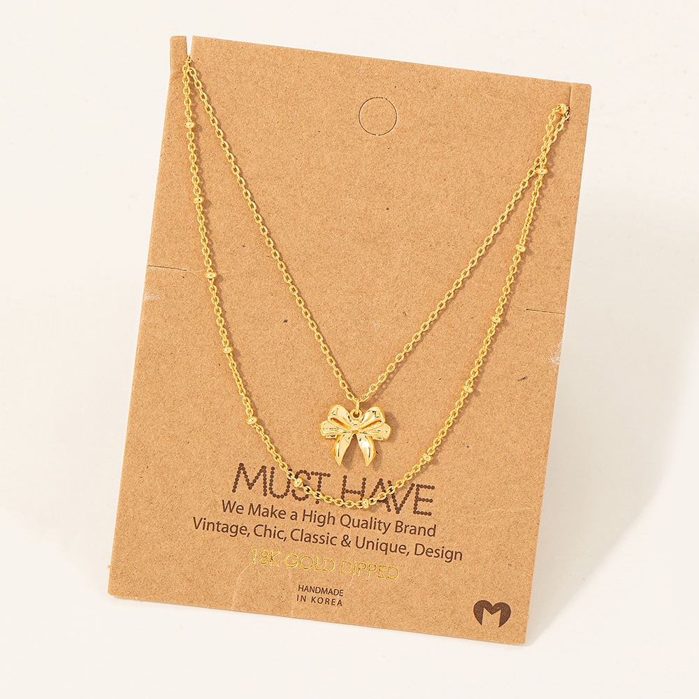 Gold Dipped Knotted Ribbon Bow Pendant Necklace