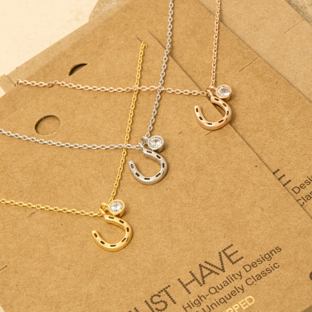 Gold Dipped Horse Shoe And Cz Charm Necklace