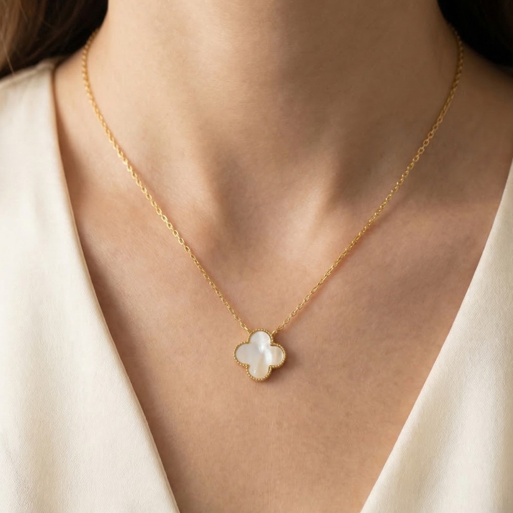 Gold Dipped Mother Of Pearl Clover Pendant Necklace
